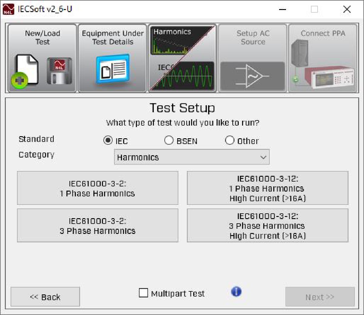 IECSoft Screenshoot showing the IEC61000 testing standard selection.