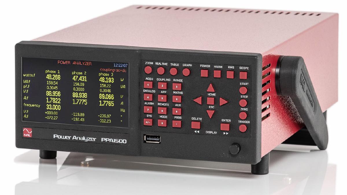 PPA150 power analyser displaying realtime numerical numerical display with user selectable parameters; realtime update on three on a three phase test system.