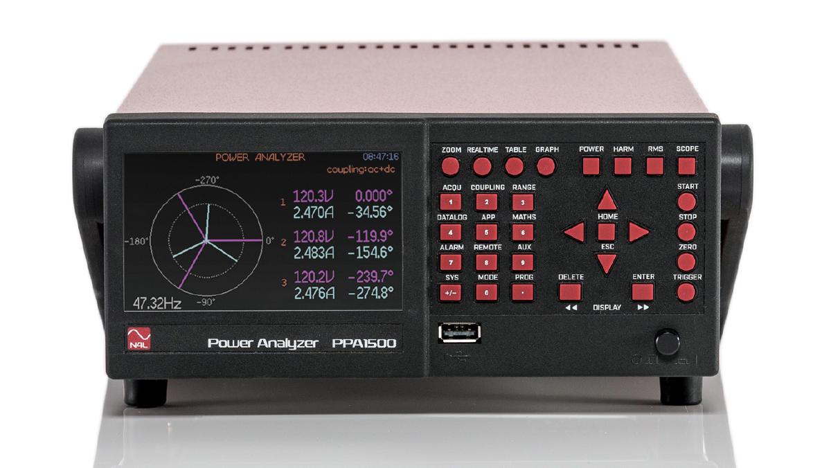 PPA1530 with vector mode displaying the current and voltage measurements on a three phase system, while simultaniously displaying the numerical readings including phase.