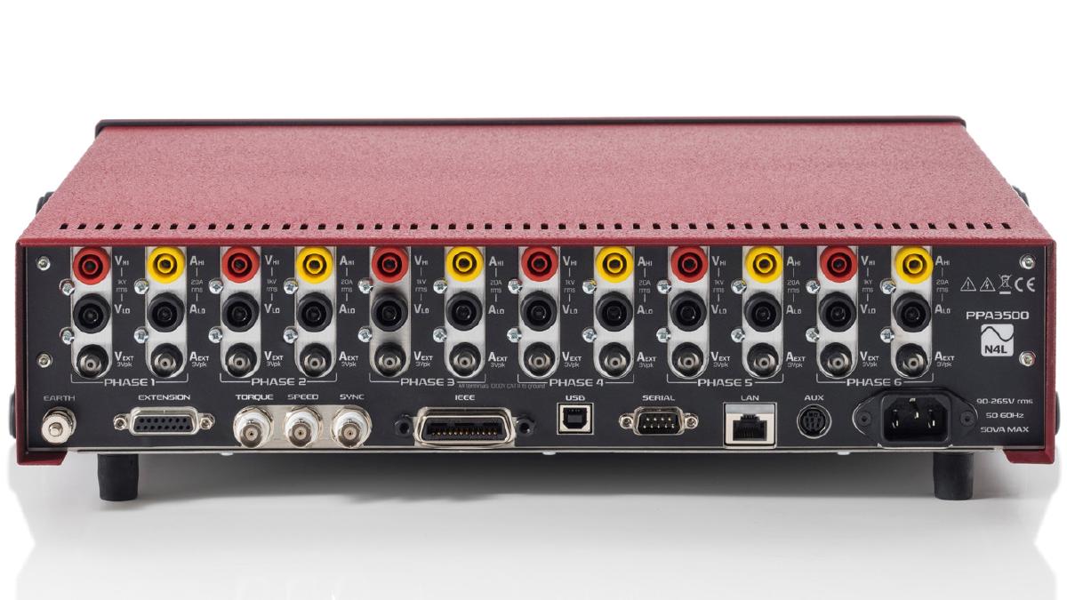 Rear panel of the Newtons4th PPA3650 Six Phase power analyzer, highlight the 12 input channels (six voltage and six current) with direct safety inputs, and external BNC connectors. Show comms: USB, LAN, RS232, and additonal torque/speed analogue inputs.
