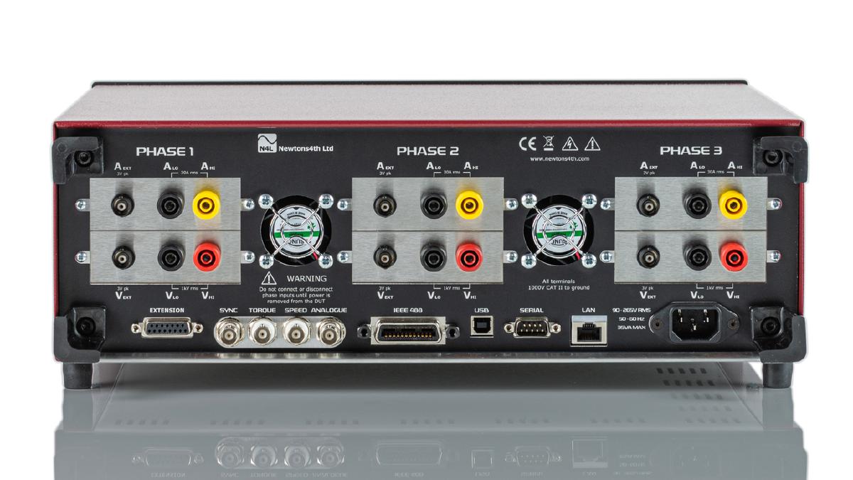 PPA4500 and PPA5500 rear planel panel that inclues three phase input (12 channels) that include both internal voltage attenuator and current sesnors, with BNC conector for optional external sensors. Along with the USB, LAN, RS232 comms interface, and analogue torque and speed inputs.