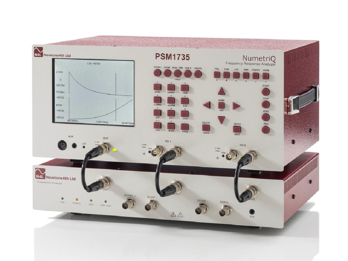 Side view of a LCR Impedance measurement system created by combining a PSM1735 Frequency Response Analyzer with an Impedance Analysis Interface (IAI). With the PSM displaying an Impedance sweep.