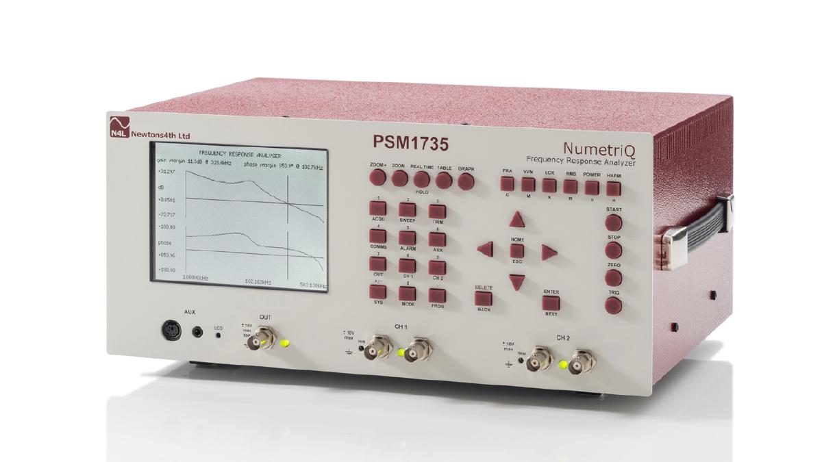 Angled view of a PSM3750 Frequency Response Analyzer displaying a Bode Plot with cursors detecting both the phase and the gain margins.