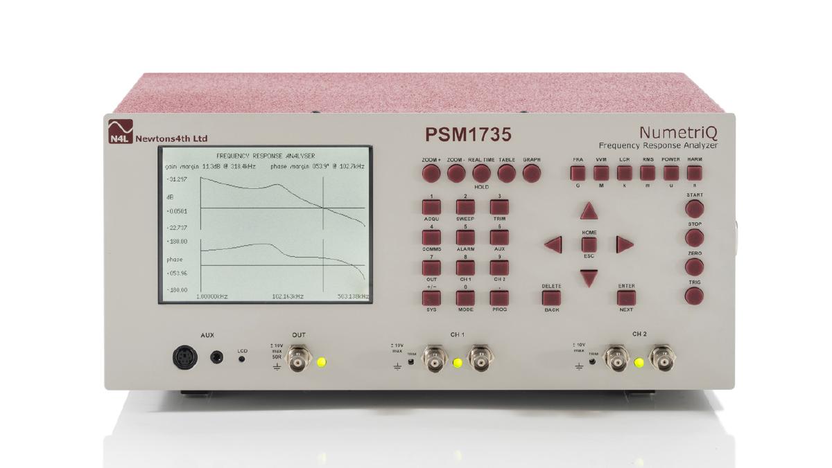 Front view of a PSM1735 Frequency Response Analyzer display a Gain and Phase Bode Plot.