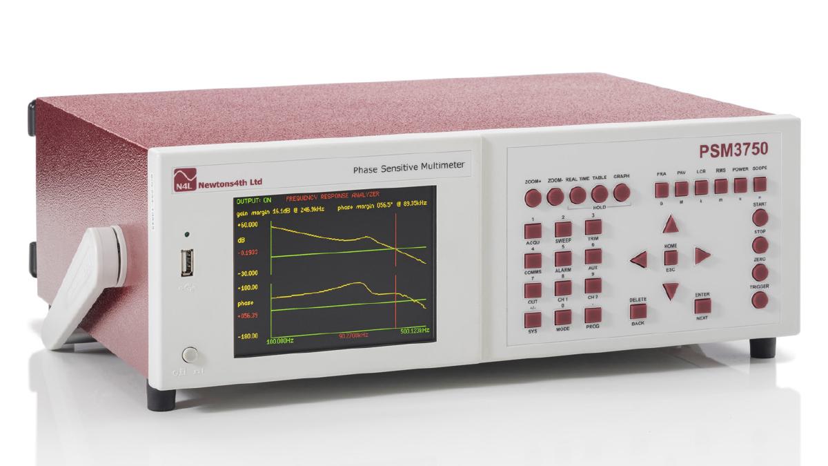PSM3750 Frequency Response Analyzer displaying a Bode Plot with cursors detecting both the phase and the gain margins.