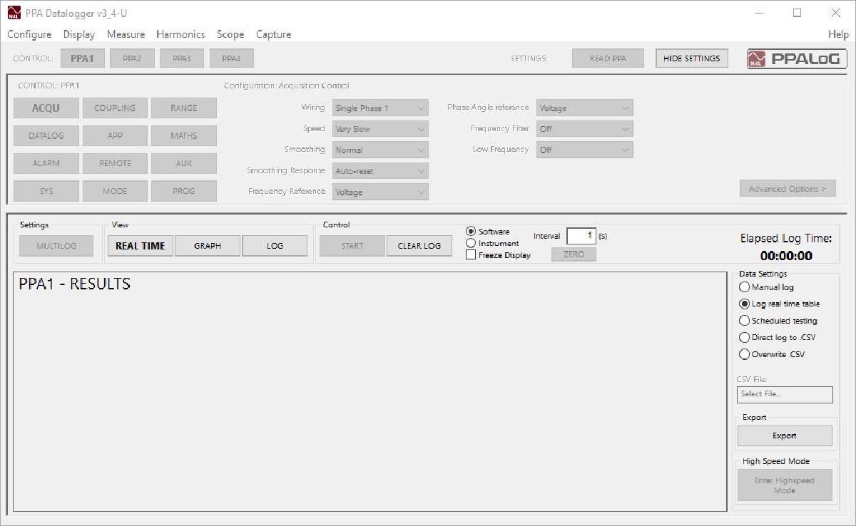 PPA Datalogger screenshot for with logging measurement from the Newtons4th Range of Power Analyzers.