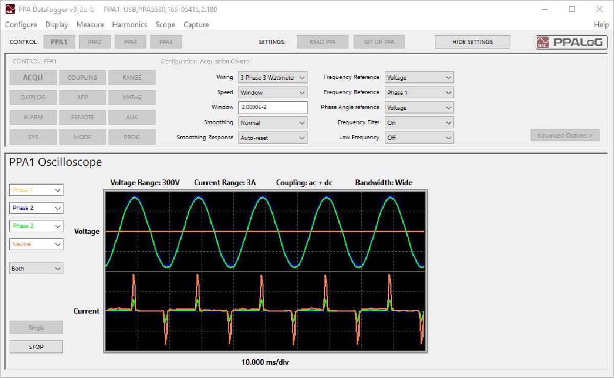 PPA Daltalogger screenshot showing the software running in oscilloscope more display both voltage and current.