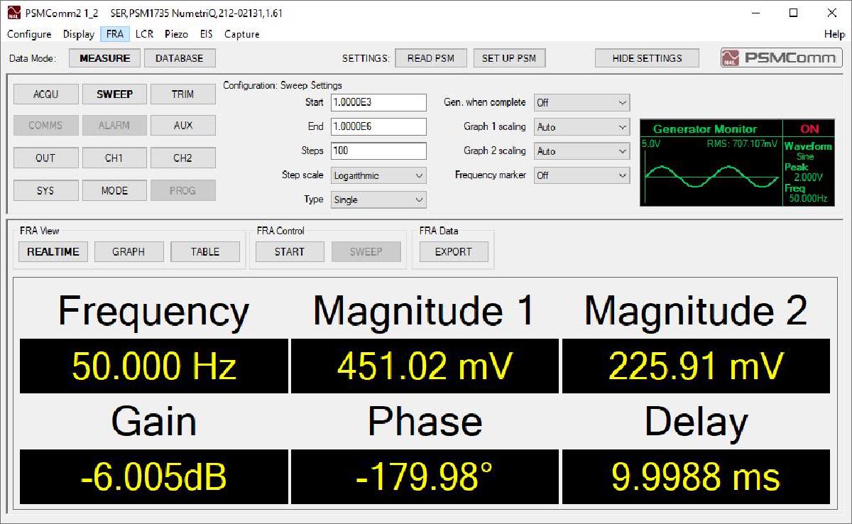 PSMComm2 screenshot showing realtime measurement that can be selected by the user to create a custom display.