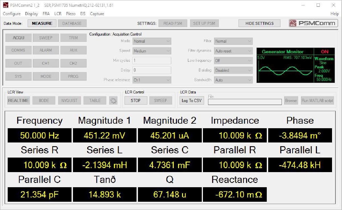 PSMComm2 screenshot showing 14 realtime impedance measurements included Phase, reactance and derived tan delta.