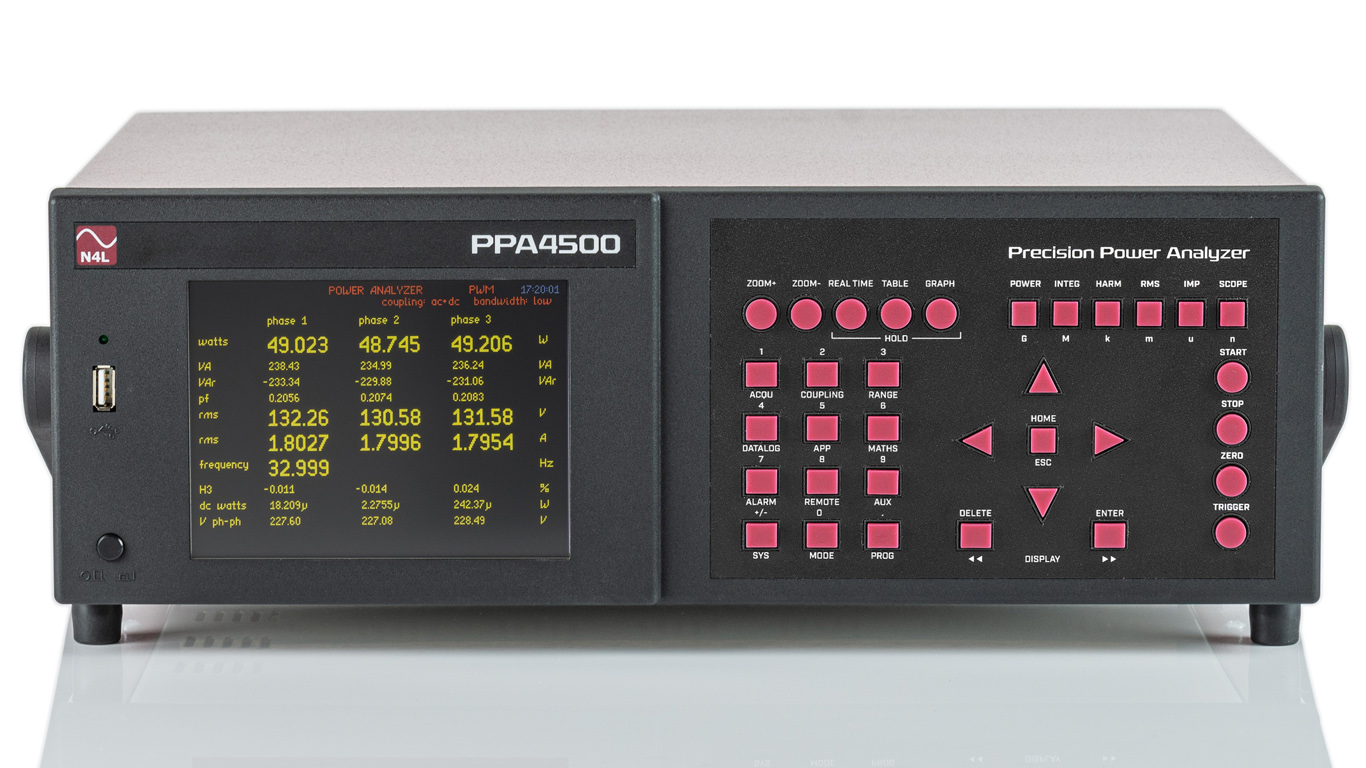 PPA4530 front panel with the colour LCD displaying realtime measruements that can be selected by the user.