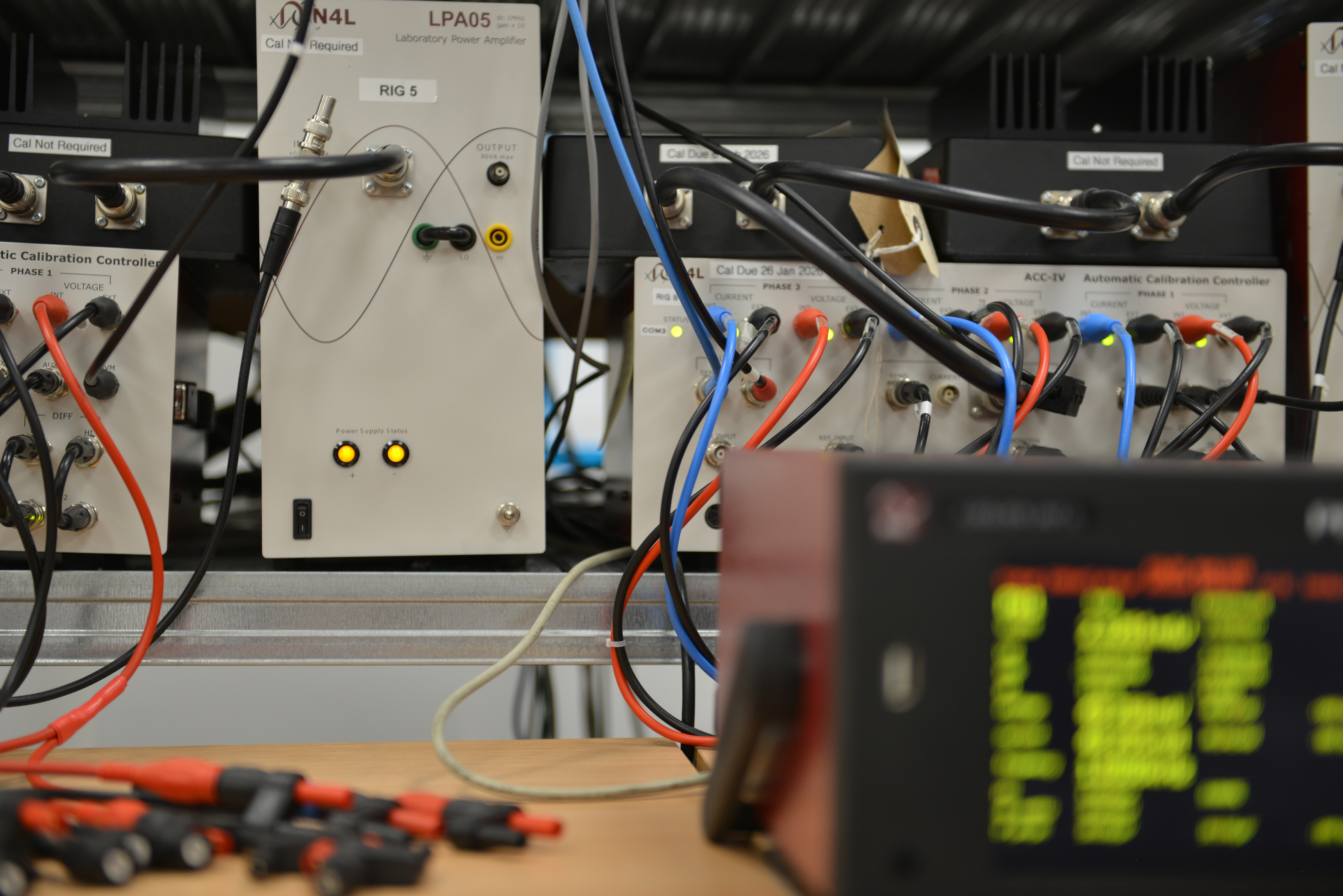 Power Analyzer undergoing wideband three-phase power calibration using a Newtons4th custom calibration rig build around the ACC-IV.